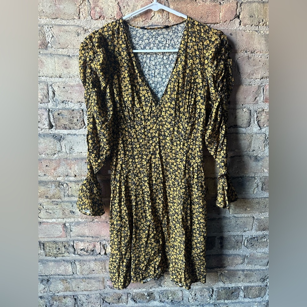 Zara Yellow and Black Floral Long Sleeve Dress